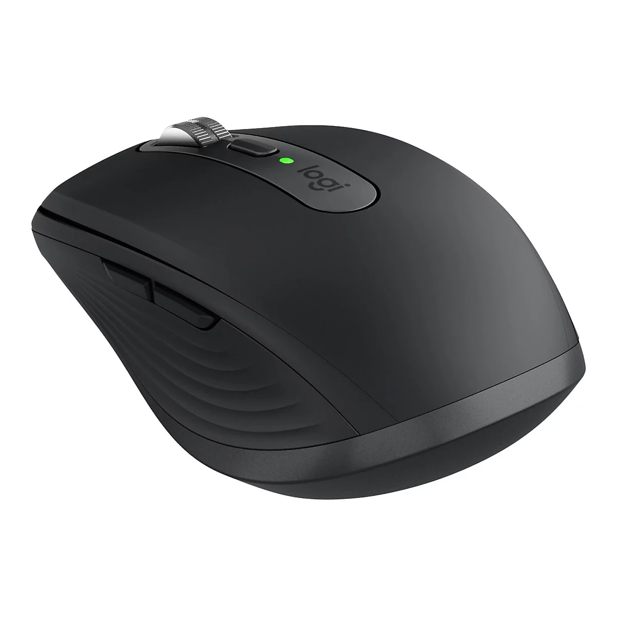 Schwarze Maus von Logitech. Mit Scrollrad, Seitentasten, und Logo.