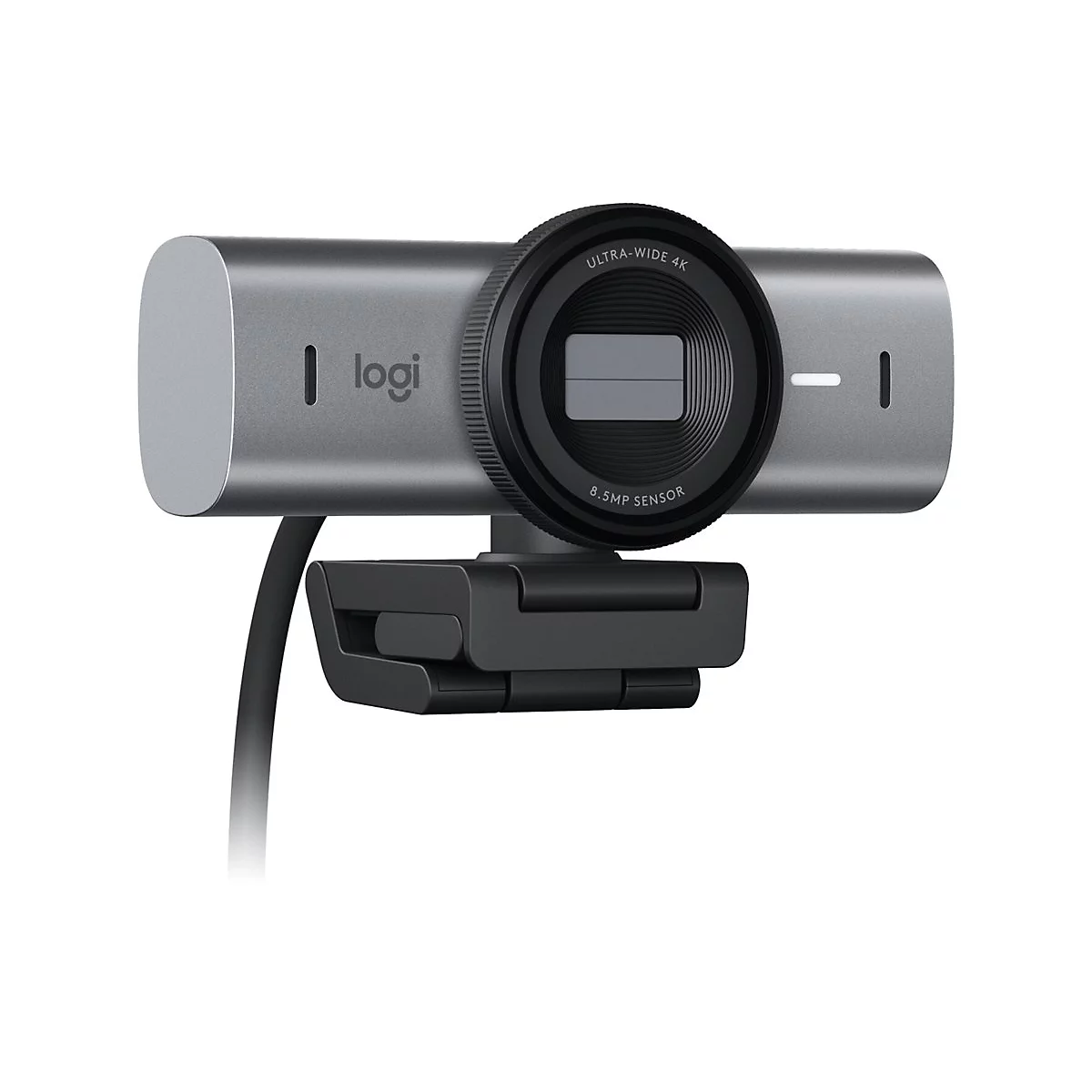 Silberne Webcam mit schwarzem Linsenring und Kabel. Aufschrift: Ultra-Wide 4K, 8.5MP Sensor. Logo: logi.