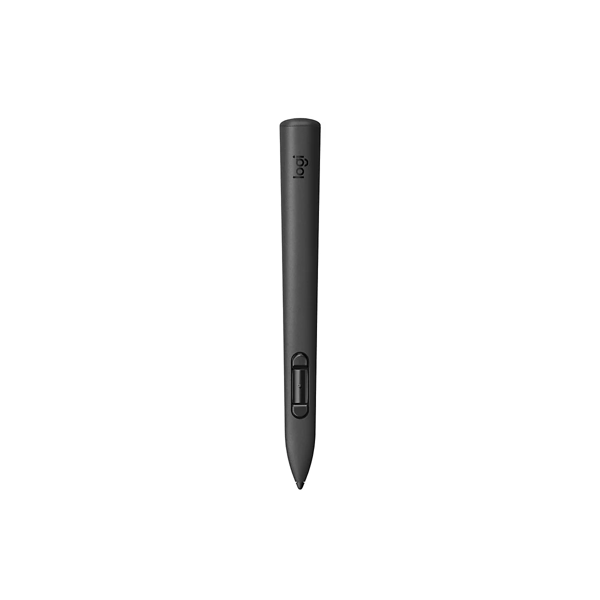 Schwarzer Stylus-Stift mit Logo; Detailansicht auf weißem Hintergrund.
