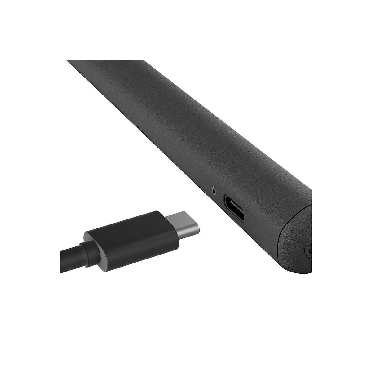 Nahaufnahme eines schwarzen Stifts mit einem USB-C-Anschluss, der mit einem Kabel verbunden ist. Beides auf weißem Hintergrund.