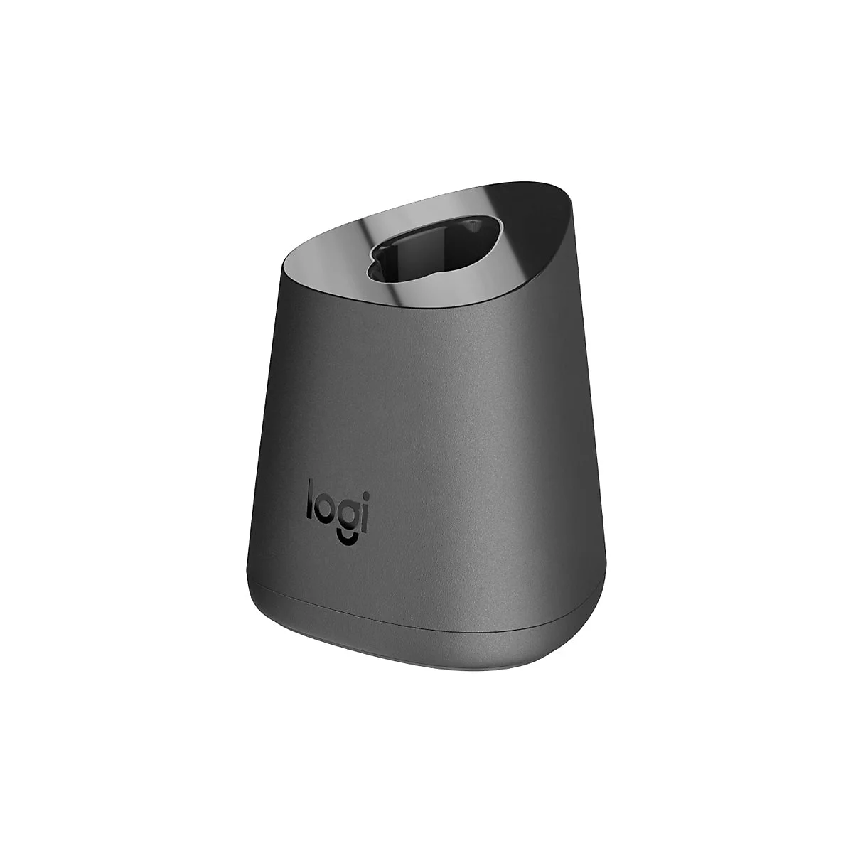 Dunkelgraue Logitech-Ladestation, zylindrische Form mit glänzender Oberseite. Logo 'logi' unten.