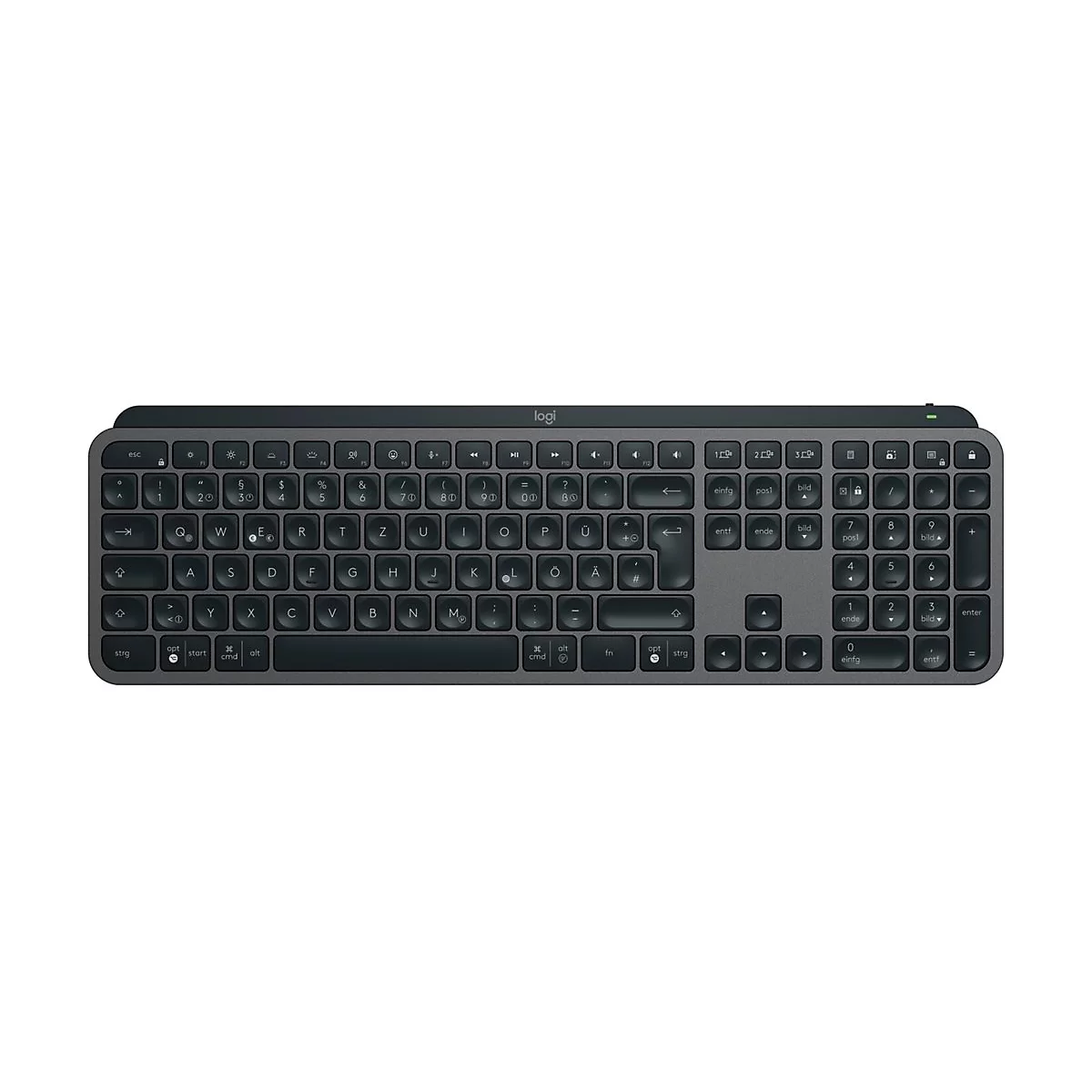 Draufsicht auf eine graue Logitech Tastatur, mit schwarzen Tasten und weißen Beschriftungen. Das Logitech-Logo ist oben mittig angebracht.