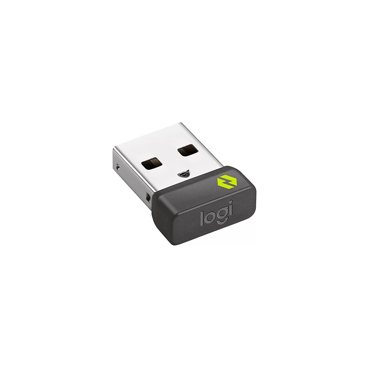 Ein grauer USB-Empfänger von Logitech. Der Stecker ist silberfarben, der Rest ist grau mit grünem Z-Logo und Logi-Schriftzug.
