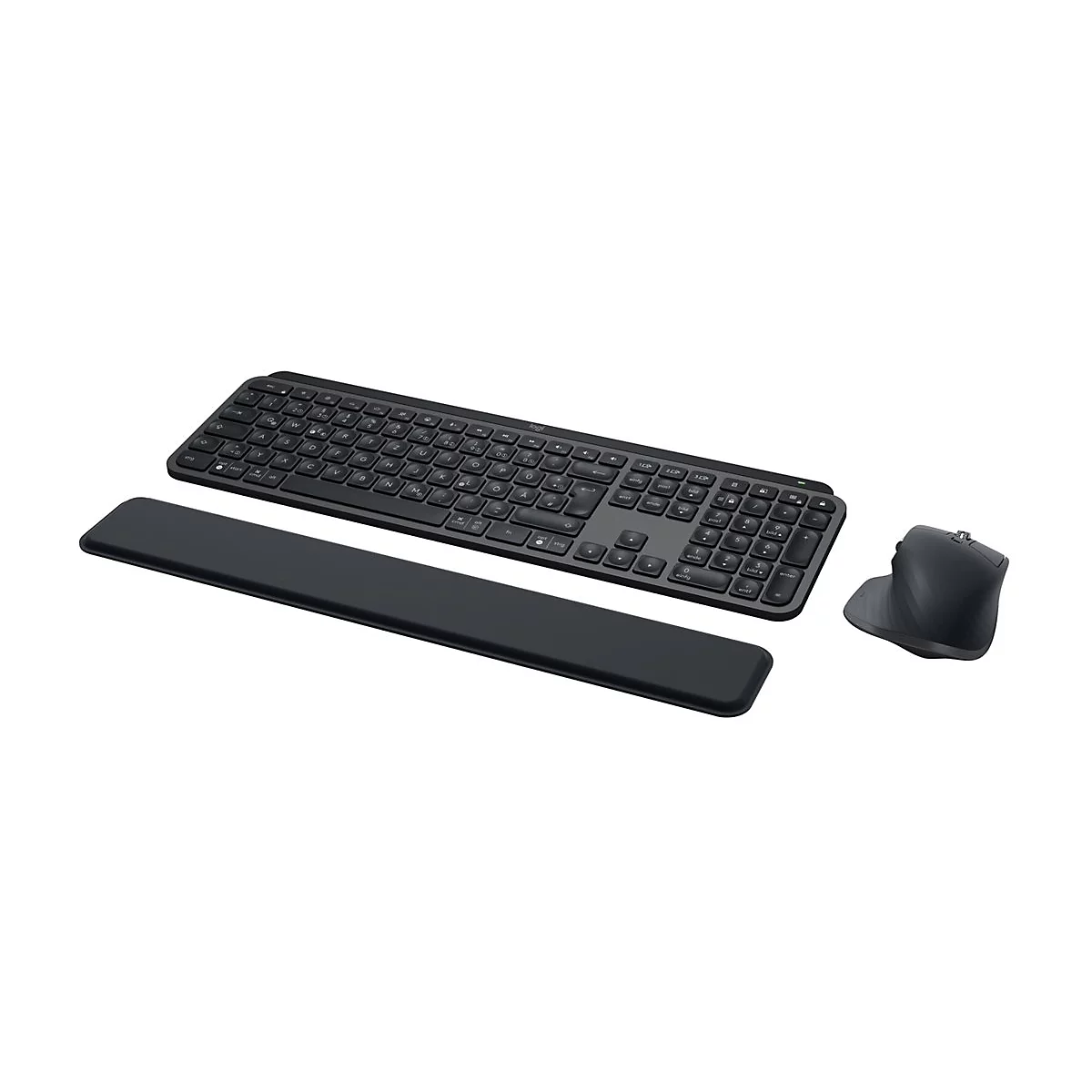 Schwarzes Tastatur-Maus-Set mit Handgelenkstütze. Auf weißem Hintergrund.