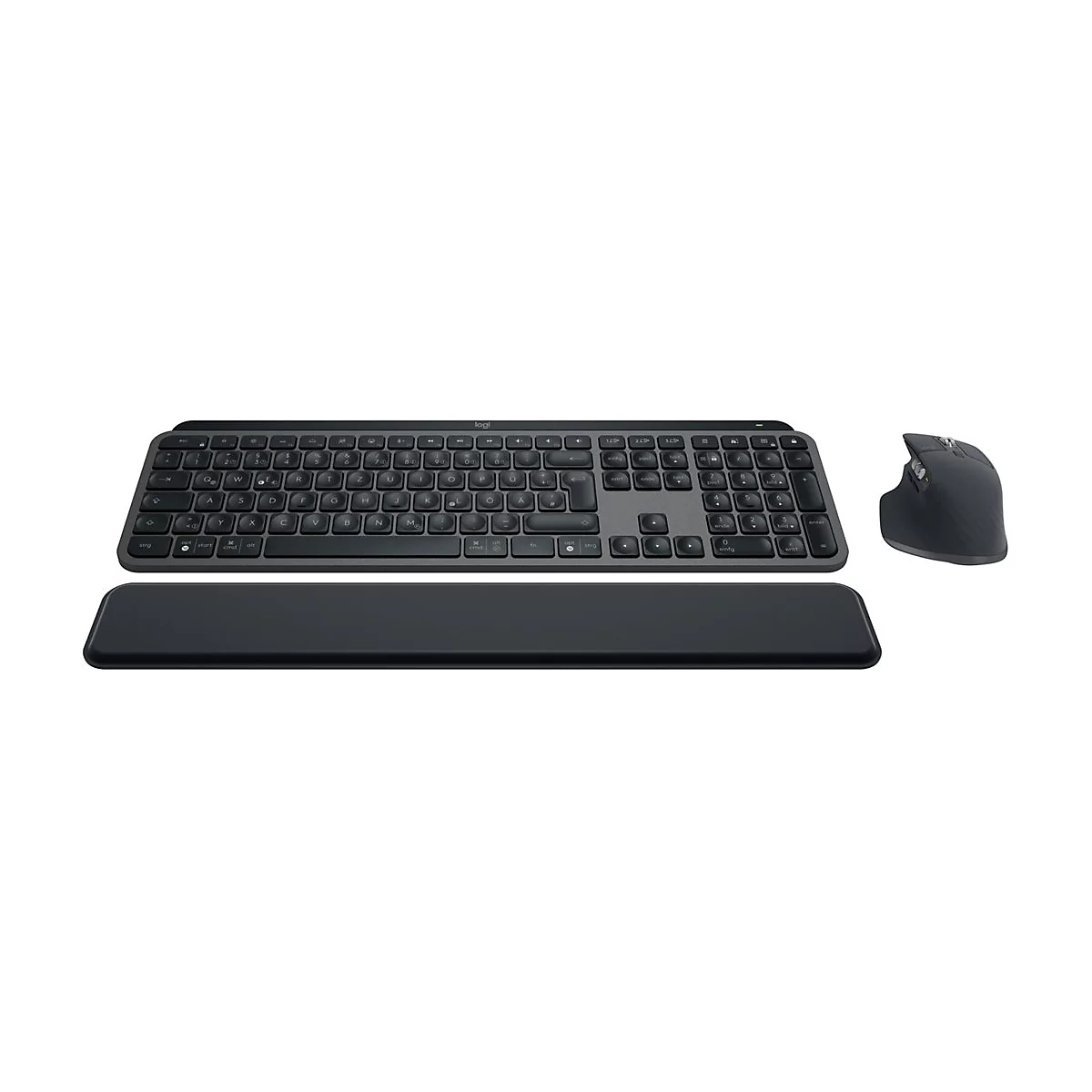 Drahtloses Keyboard und Maus-Set in Schwarz mit Handauflage, vor weißem Hintergrund.