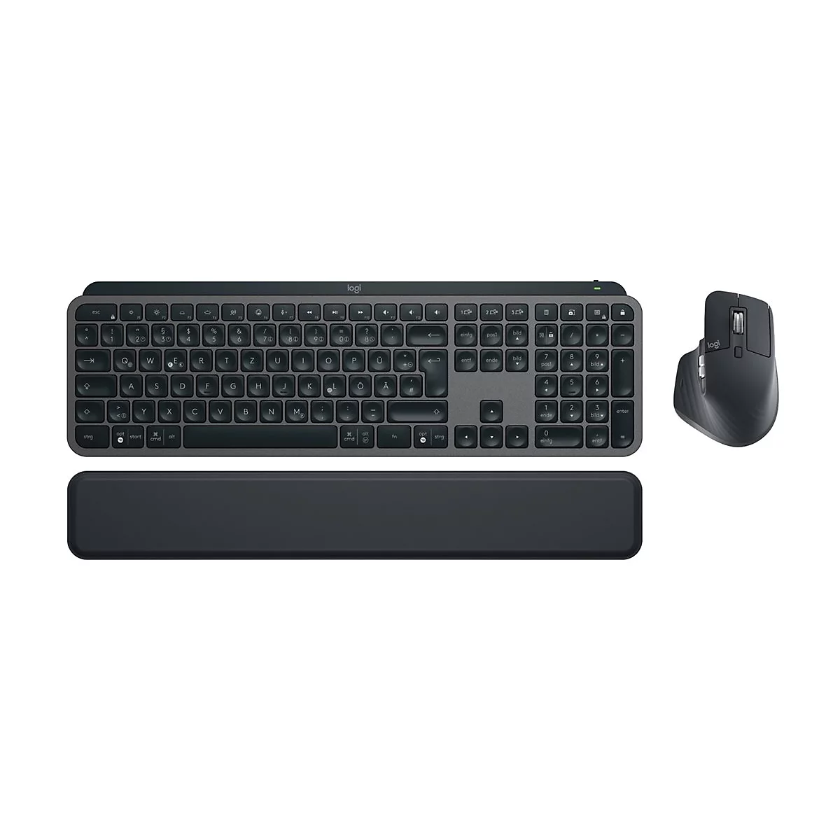 Dunkelgraue Tastatur, Maus und Handballenauflage, vor weißem Hintergrund. Logo "Logi".