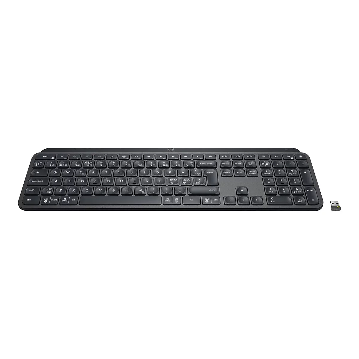 Schwarze Tastatur mit kabellosem Empfänger auf weißem Hintergrund. Alle Tasten beschriftet, Logo oben rechts.