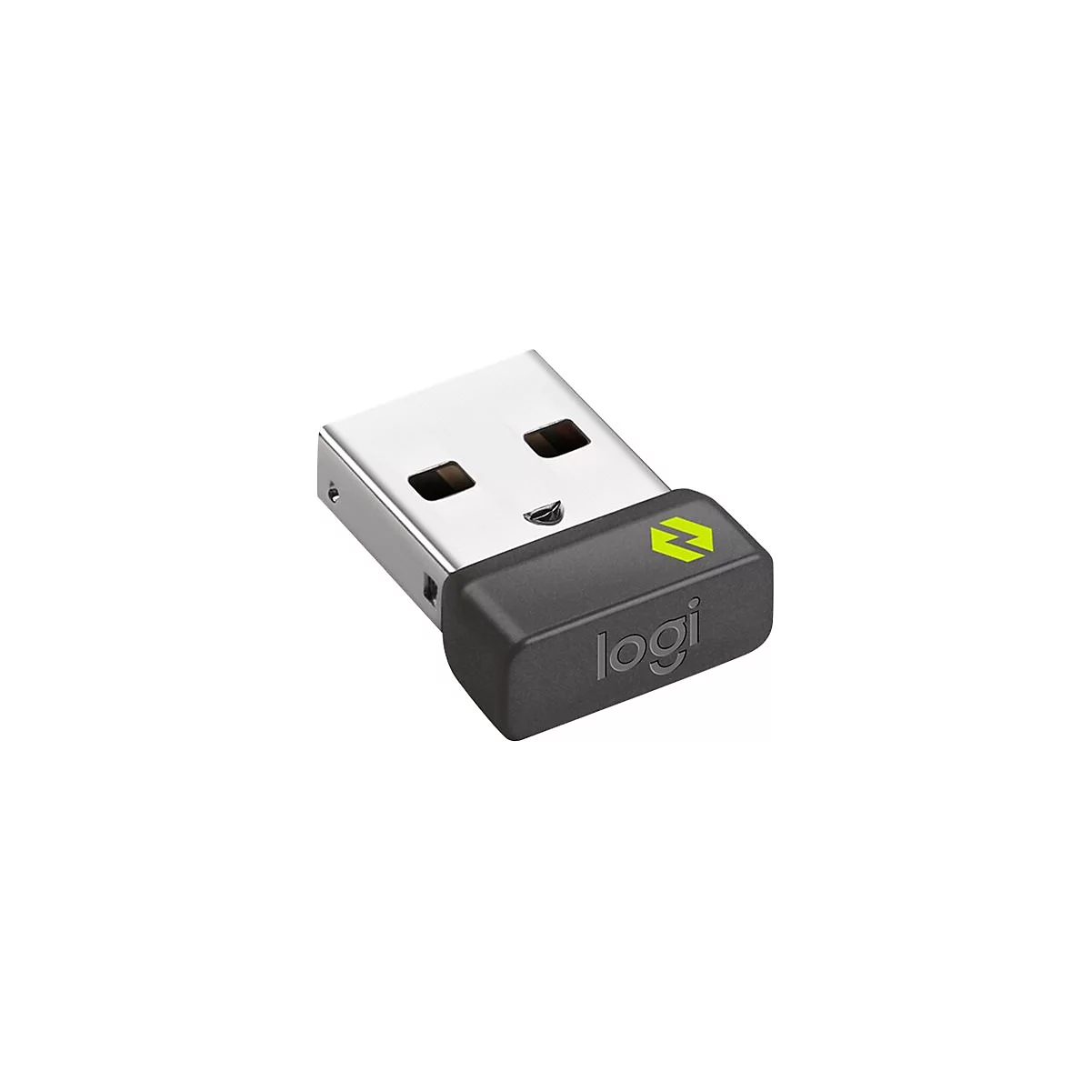 Ein USB-Dongle mit silberfarbenem Metallteil und schwarzem Kunststoffgehäuse. Das Logo „logi“ ist aufgedruckt.