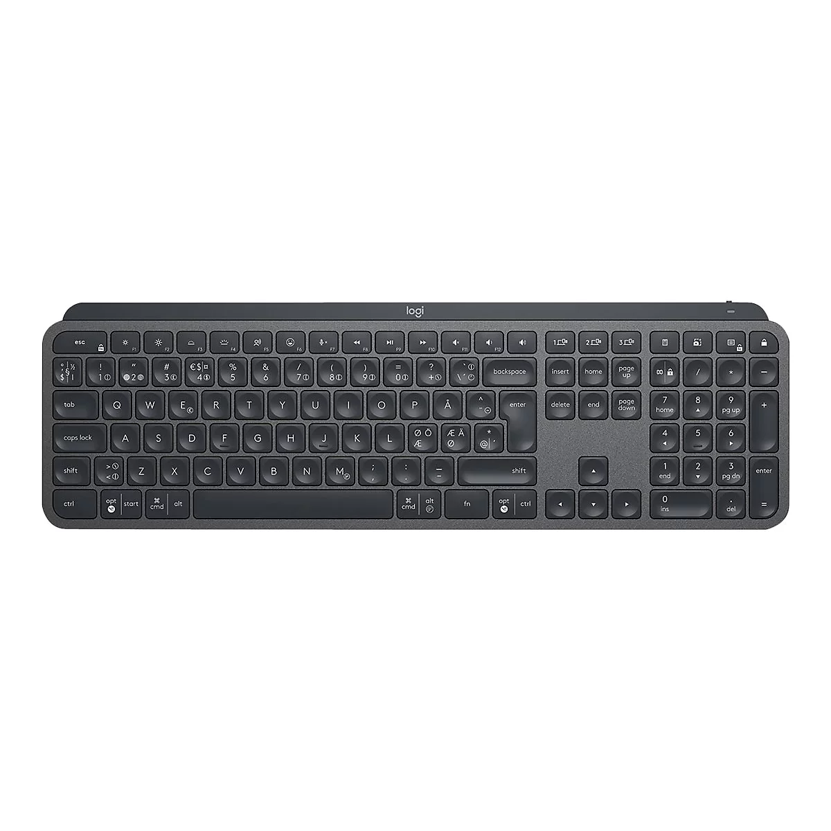 Draufsicht auf eine dunkle Logitech-Tastatur mit Buchstaben und Symbolen auf den Tasten.