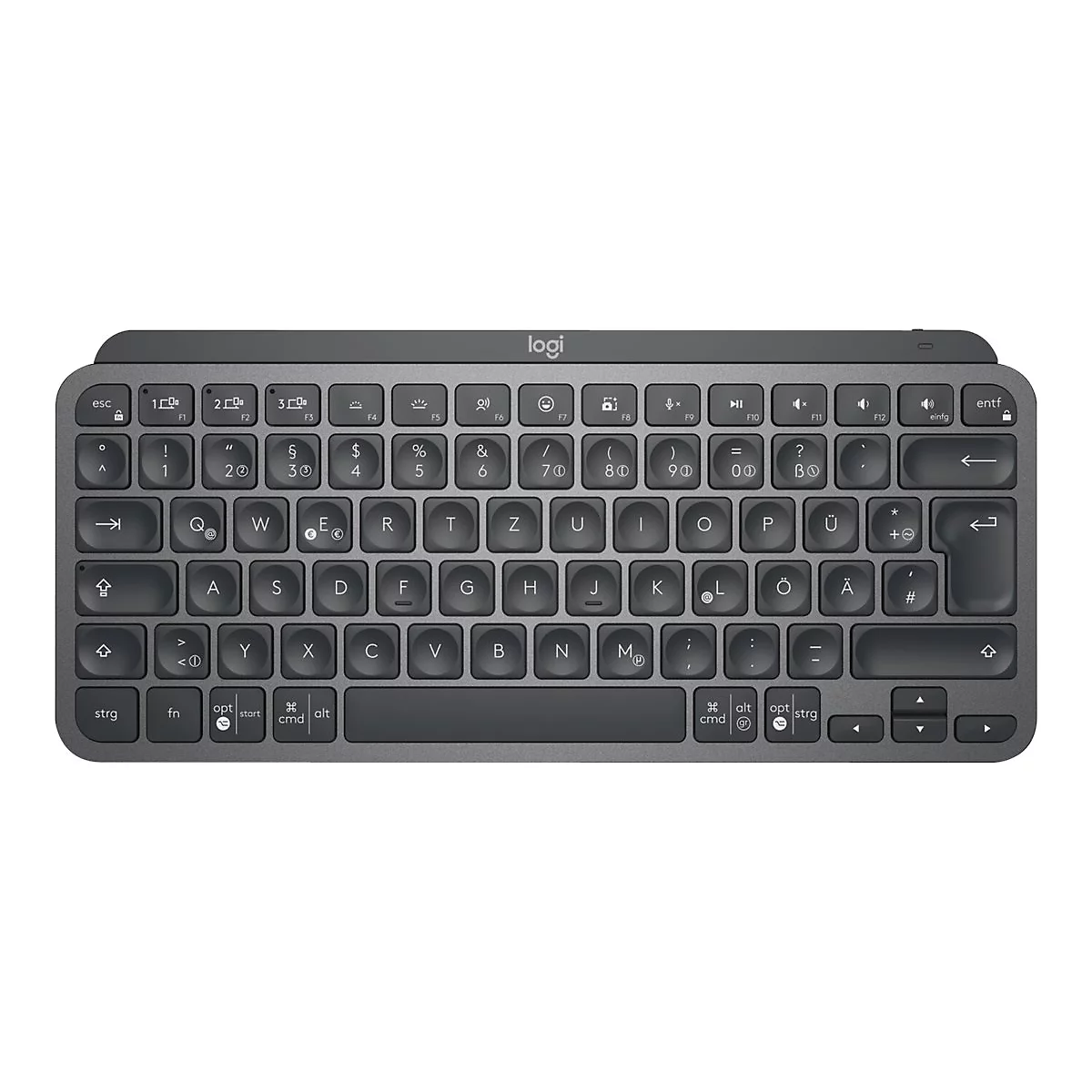 Drahtlose Tastatur in Dunkelgrau. Die Tasten sind beschriftet, ein Logo ist oben mittig zu sehen.