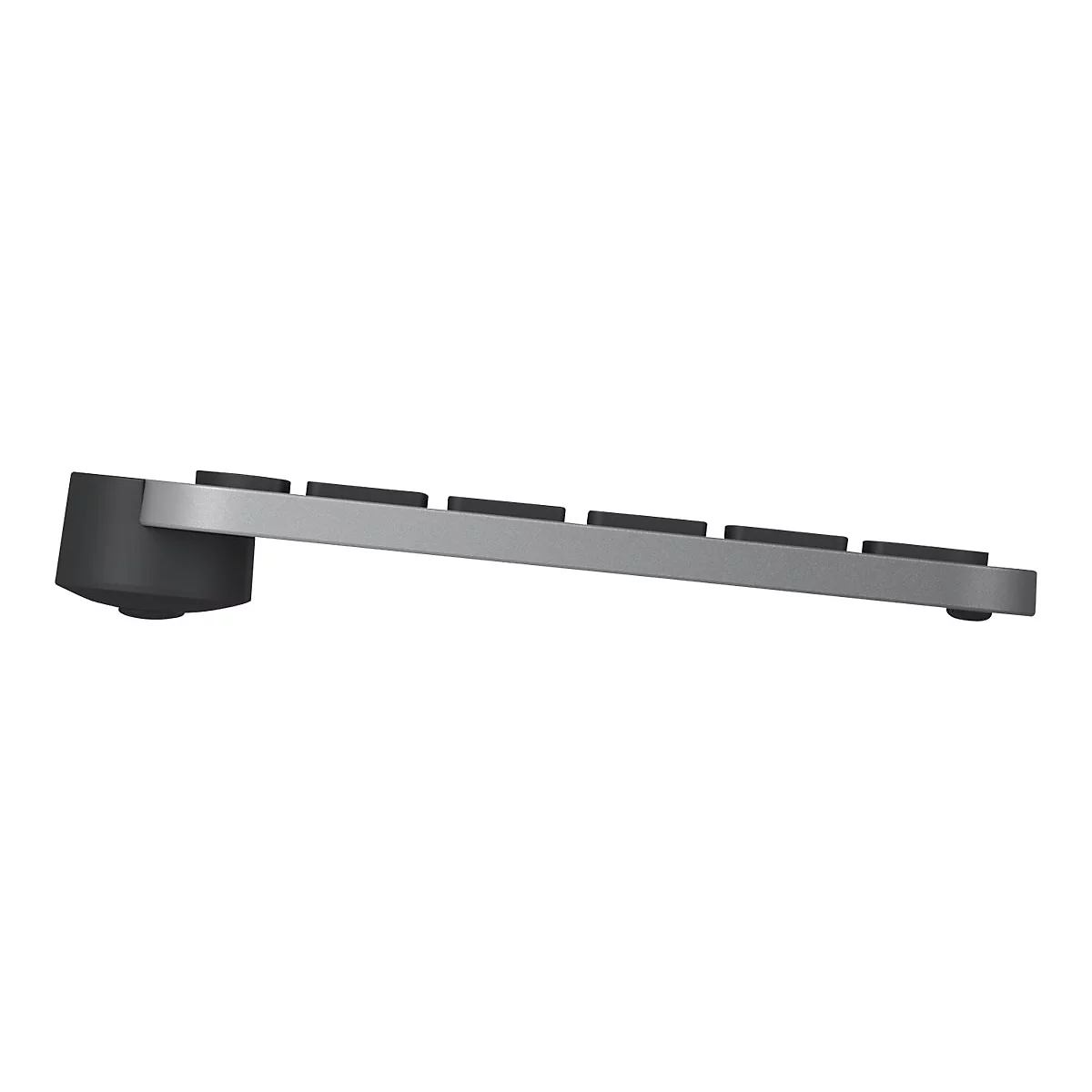 Seitenansicht einer grauen Tastatur mit schwarzen Tasten und einem schwarzen Standfuß.