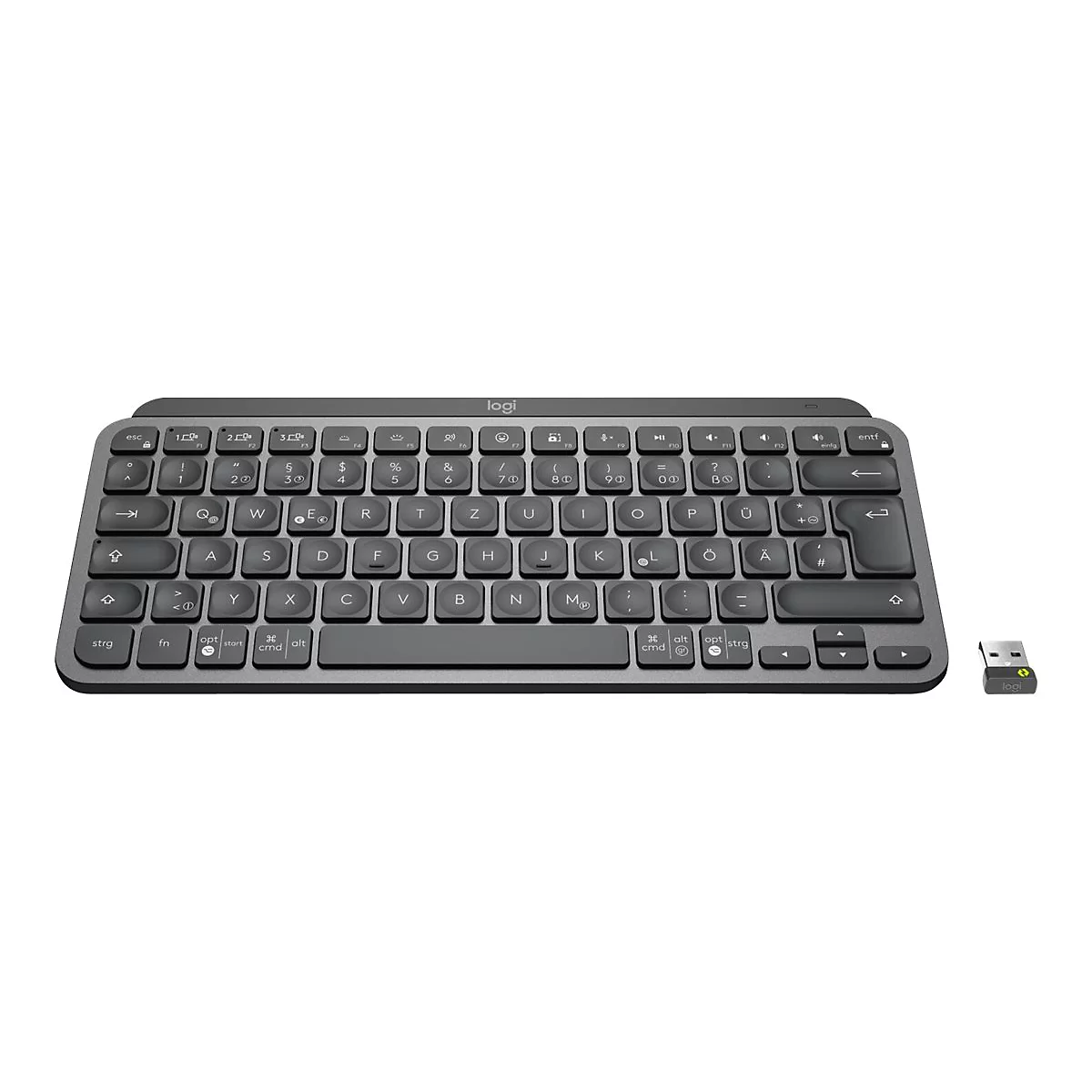 Drahtlose, dunkelgraue Logitech-Tastatur mit passendem USB-Empfänger. Buchstaben, Zahlen und Funktionstasten sind deutlich beschriftet.