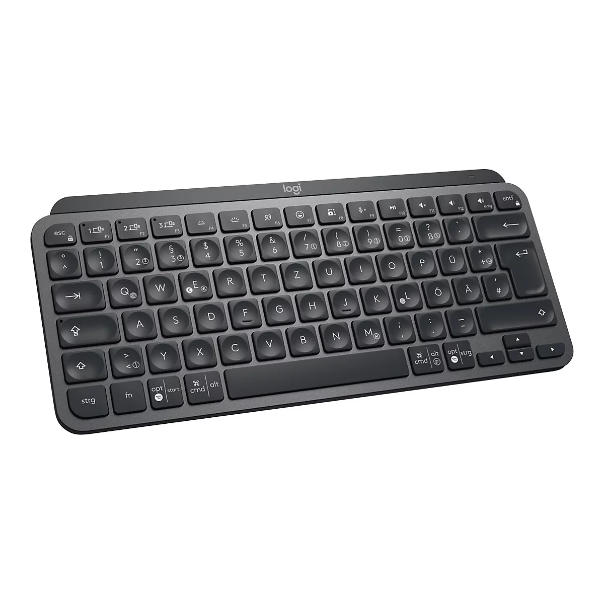 Drahtlose, dunkle Logitech-Tastatur mit flachen Tasten auf weißem Hintergrund.