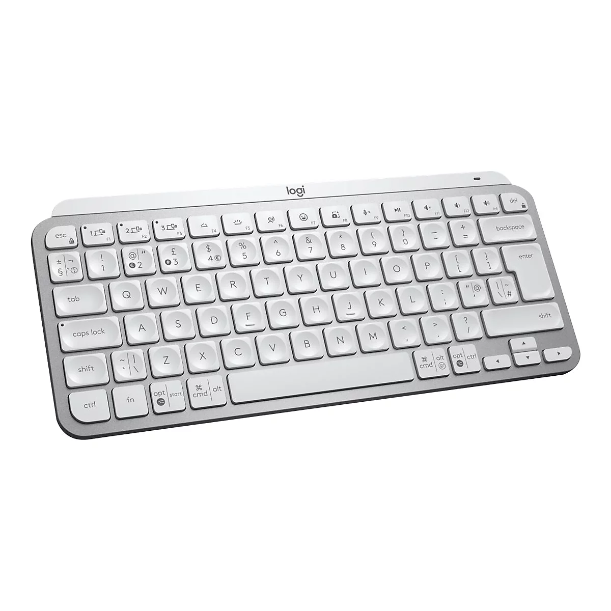 Graue Logitech-Tastatur mit weißen Tasten und Schriftzug. Das Layout ist gut erkennbar, mit vielen Sonderzeichen.