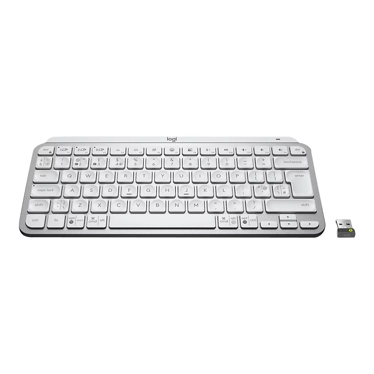 Draufsicht auf eine kabellose Logitech-Tastatur mit weiß-grauem Design und dazugehörigem USB-Empfänger.