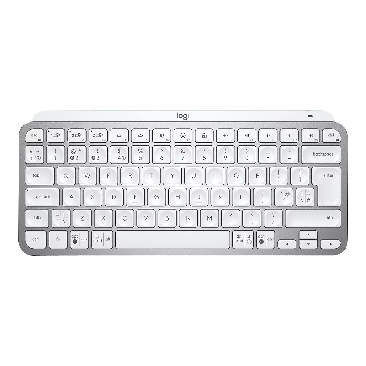 Draufsicht auf eine weiße Logitech-Tastatur, Tasten mit silbernen Metallrahmen, Buchstaben und Symbole.