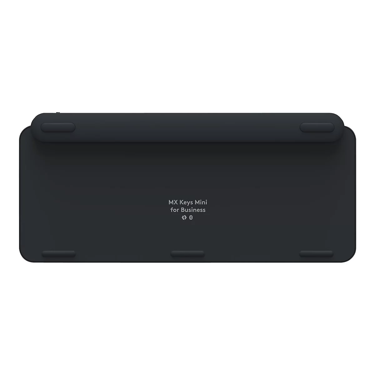 Schwarze Tastatur, Unterseite. Aufschrift: MX Keys Mini for Business, Bluetooth Symbol, kleine Gummifüße.