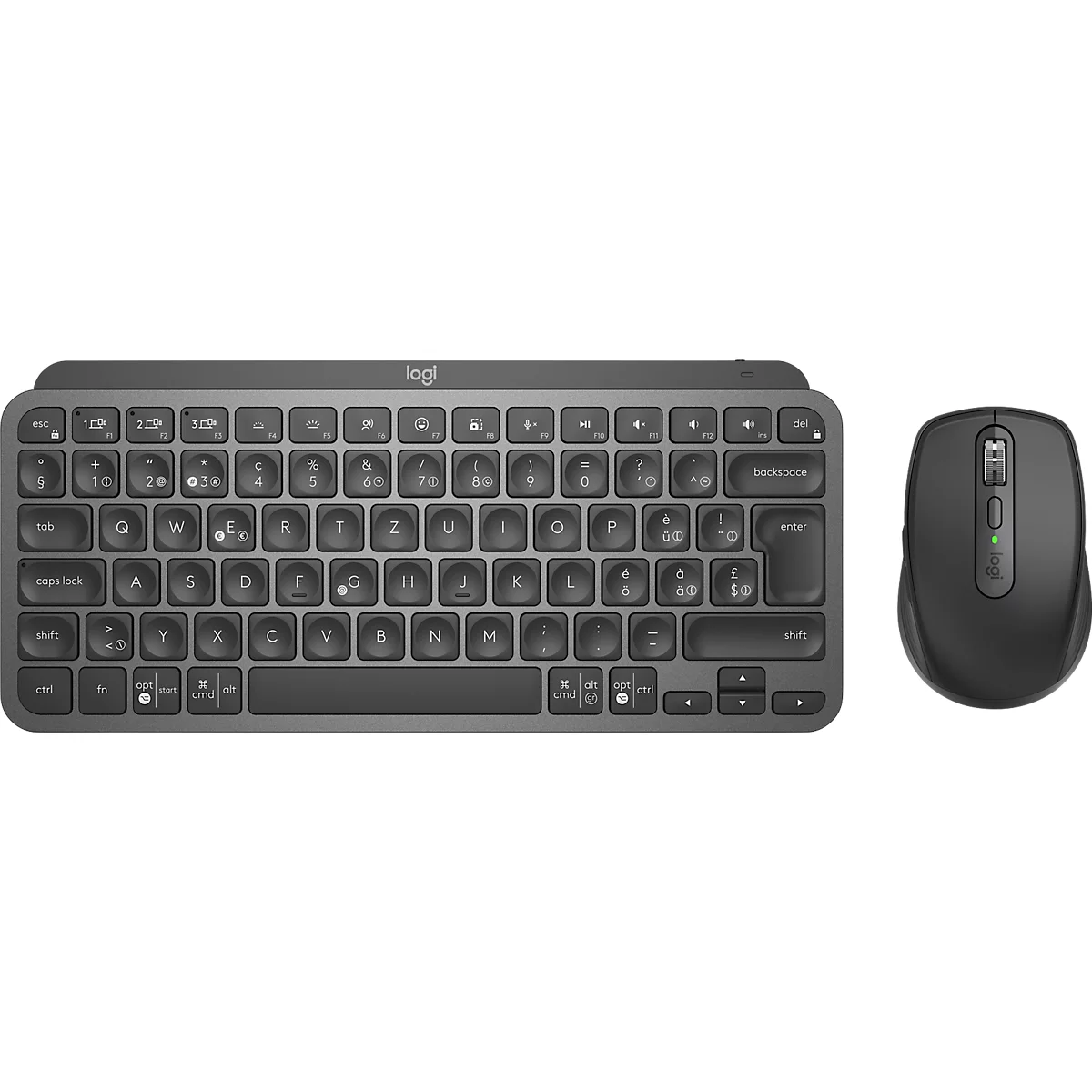 Top view of a dark keyboard and mouse from Logitech. The keyboard has many keys, the mouse has a green LED.