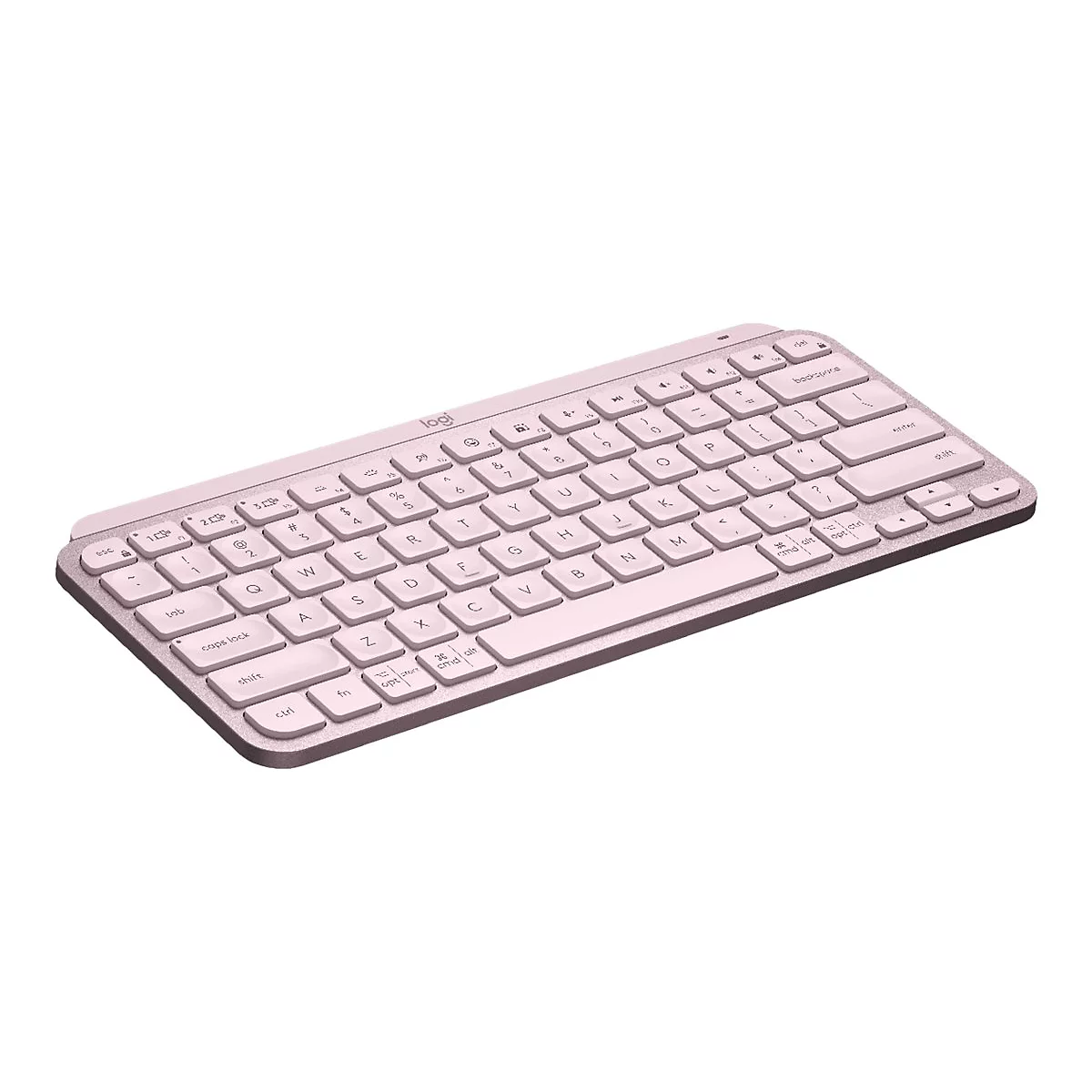 Hellrosa kabellose Tastatur mit weißen Tasten, das Logitech Logo ist deutlich zu sehen. Das Keyboard ist auf weißem Hintergrund abgebildet.