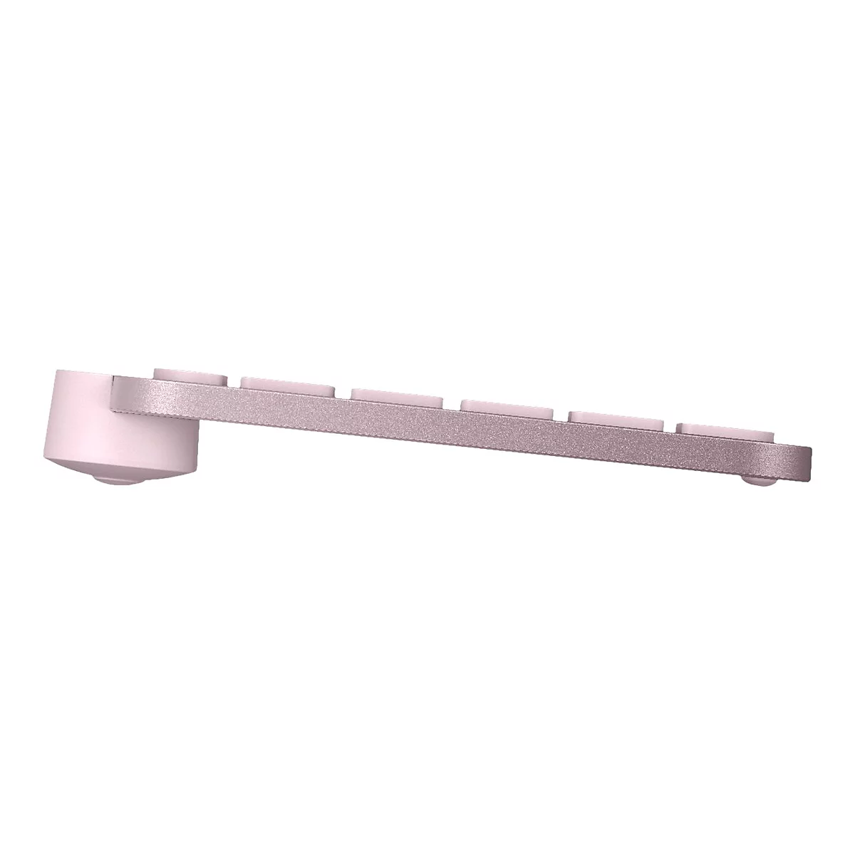 Nahaufnahme einer rosafarbenen Tastatur. Das schlanke Design mit flachen Tasten und einem rosa-grauen Gehäuse.