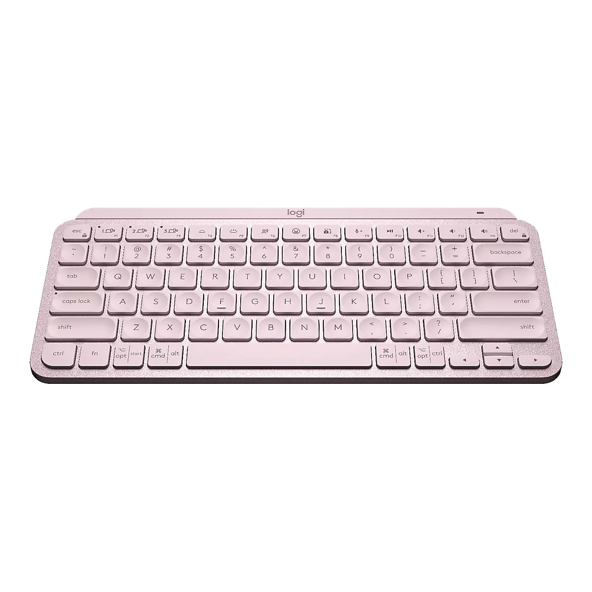 Hellrosa kabellose Tastatur von Logitech, auf weißem Hintergrund. Tastenbeschriftung klar erkennbar.