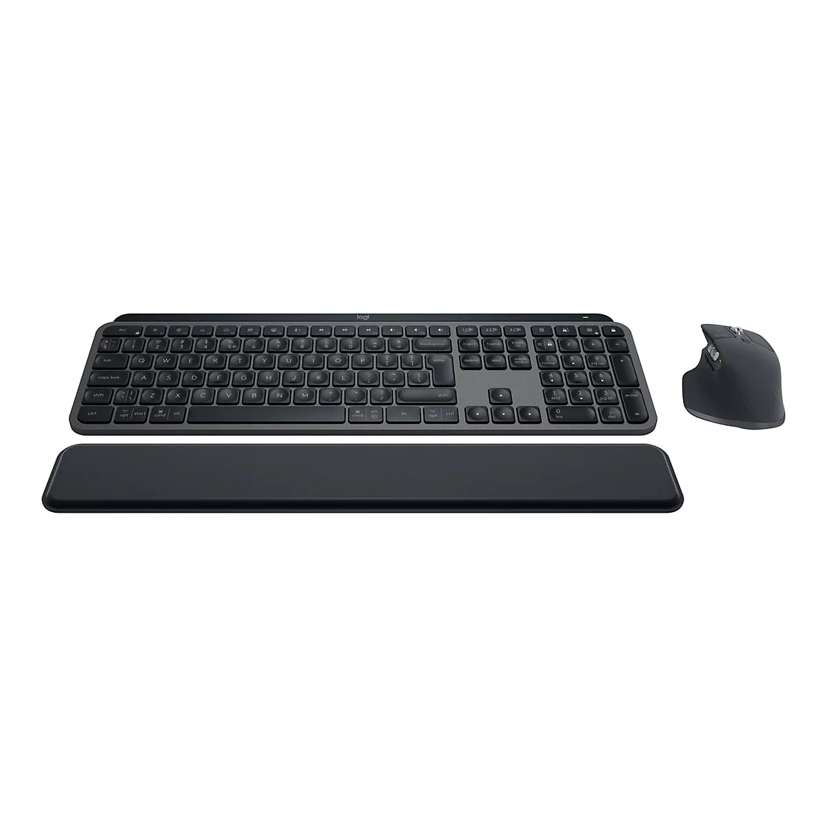 Draufsicht auf ein schwarzes Tastatur- und Mausset mit Handballenauflage, alles vor weißem Hintergrund. Die Tastatur hat die Marke Logitech.