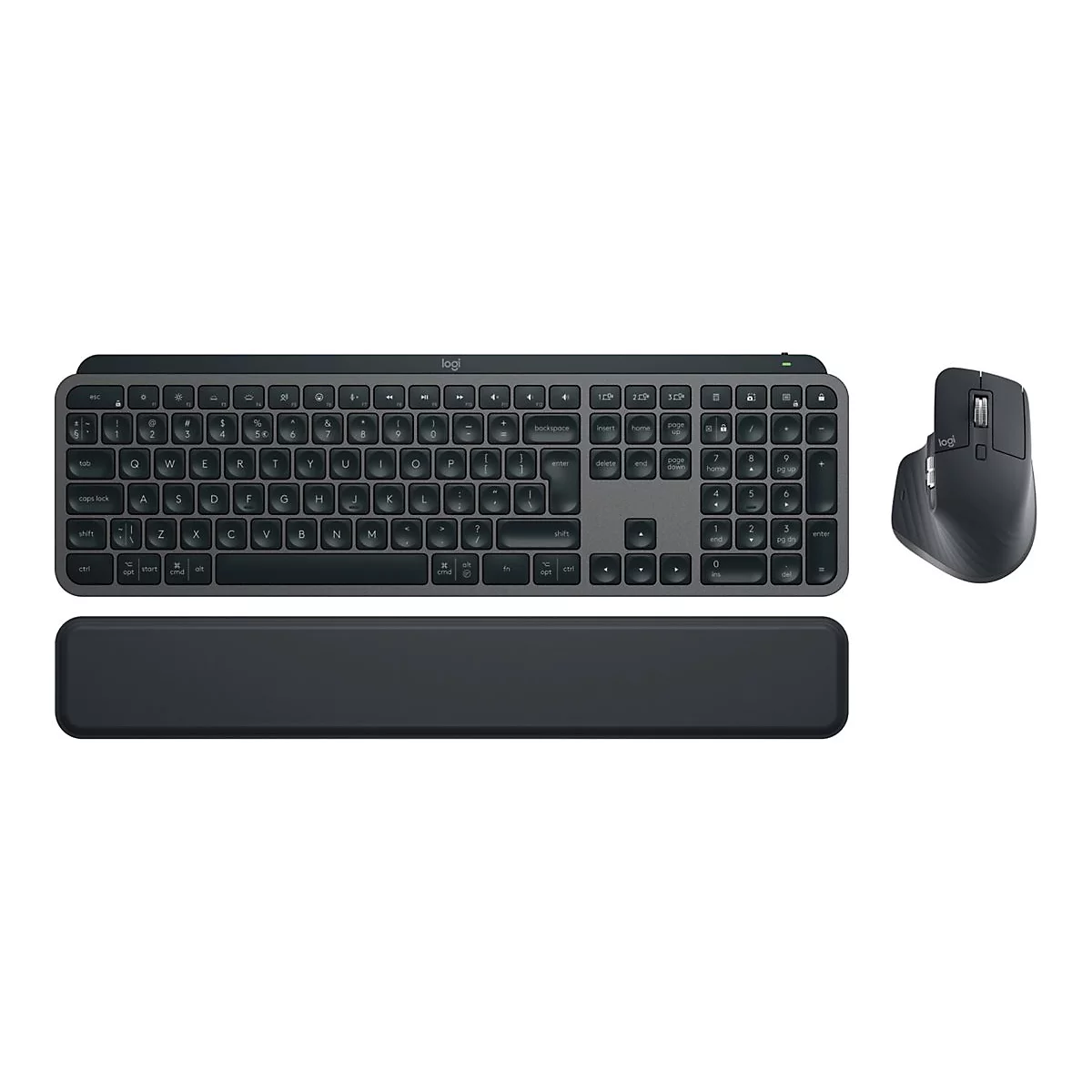 Draufsicht auf ein graues Keyboard, Handauflage und Maus von Logitech, auf weißem Hintergrund.