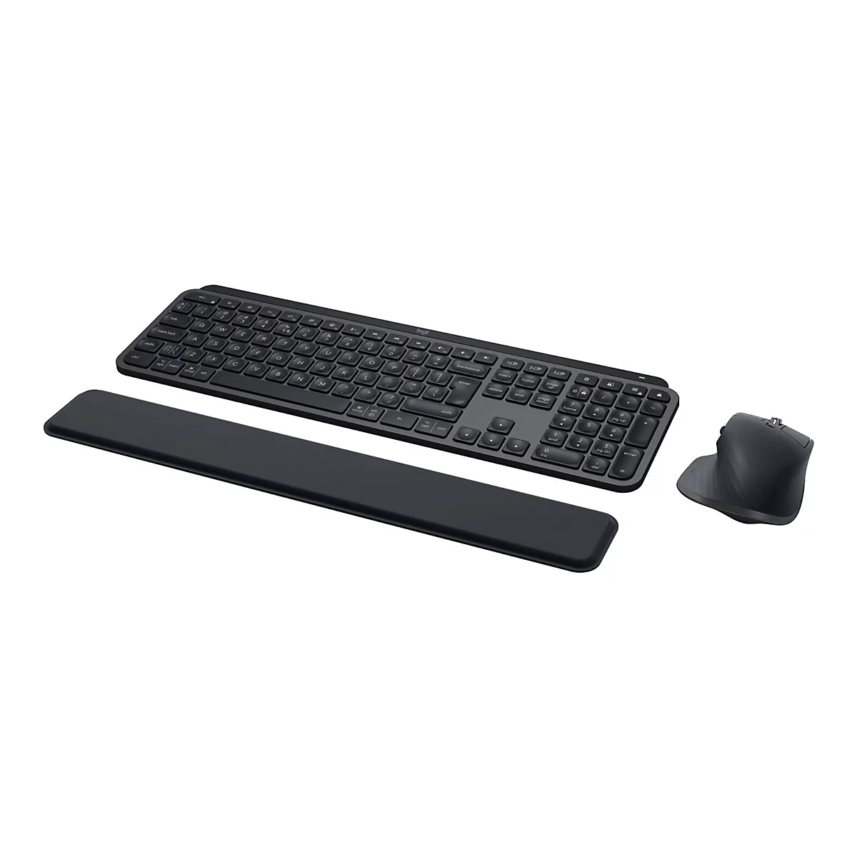 Schwarzes Tastatur-Maus-Set mit Handgelenkstütze vor weißem Hintergrund. Das Set besteht aus Tastatur, Maus und Handballenauflage.