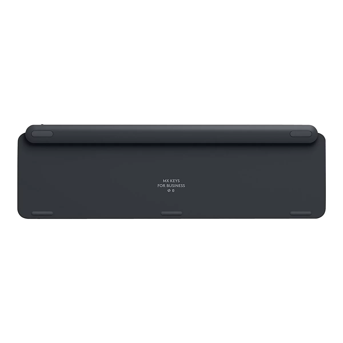 Dunkelgraue Tastatur, Ansicht der Unterseite. Aufdruck: MX KEYS FOR BUSINESS.