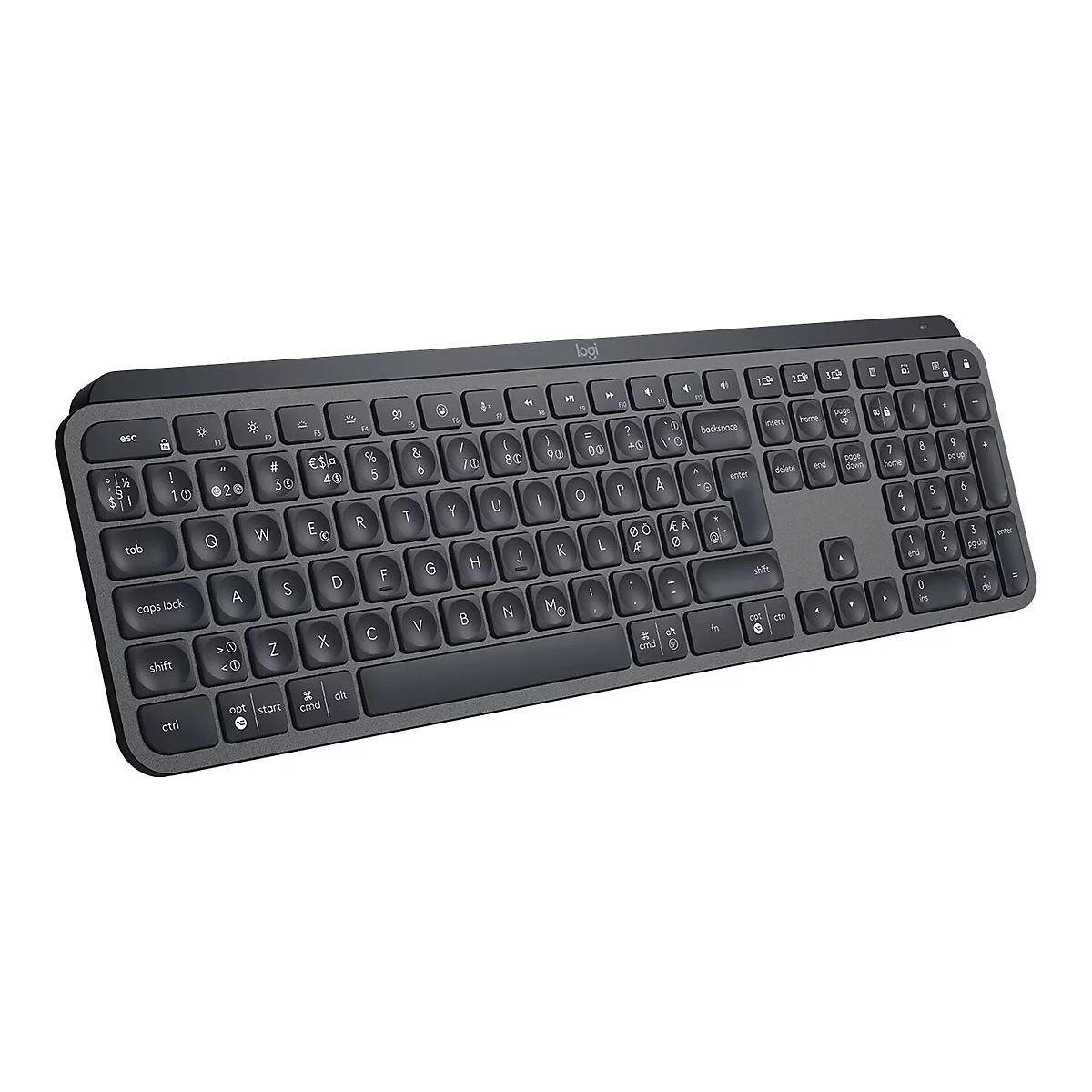Draufsicht auf eine graue Logitech-Tastatur auf weißem Hintergrund.