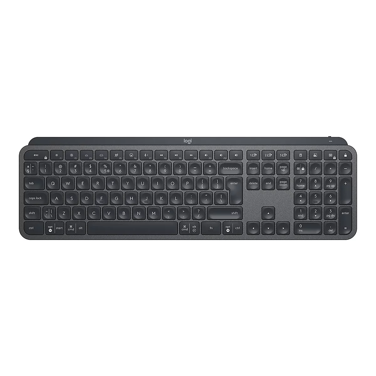 Draufsicht auf eine graue Logitech-Tastatur mit weißen Tasten. Die Tastatur hat ein klassisches Layout mit Ziffernblock und Funktionstasten.