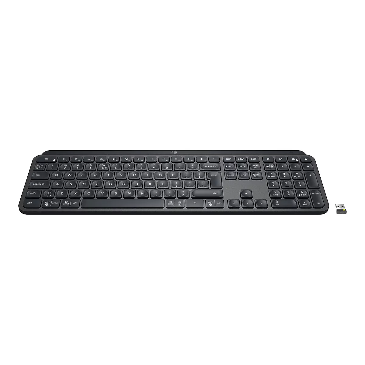 Schwarze Logitech-Tastatur mit Nummernblock und USB-Empfänger auf weißem Hintergrund.