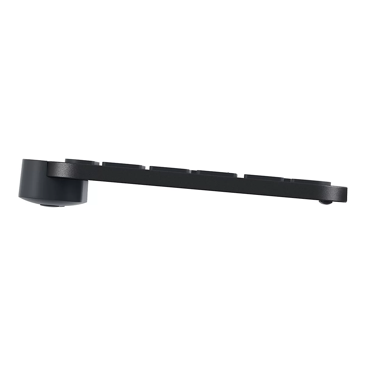 Schwarze Tastatur, Seitenansicht, mit abgerundeter Basis und erhöhter Tastenreihe.