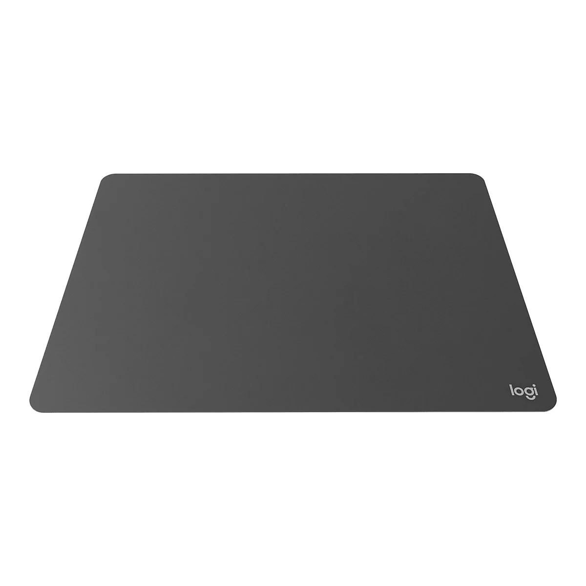 Dunkelgraue rechteckige Mousepad mit abgerundeten Ecken, Herstellerlogo "logi" in der rechten Ecke.