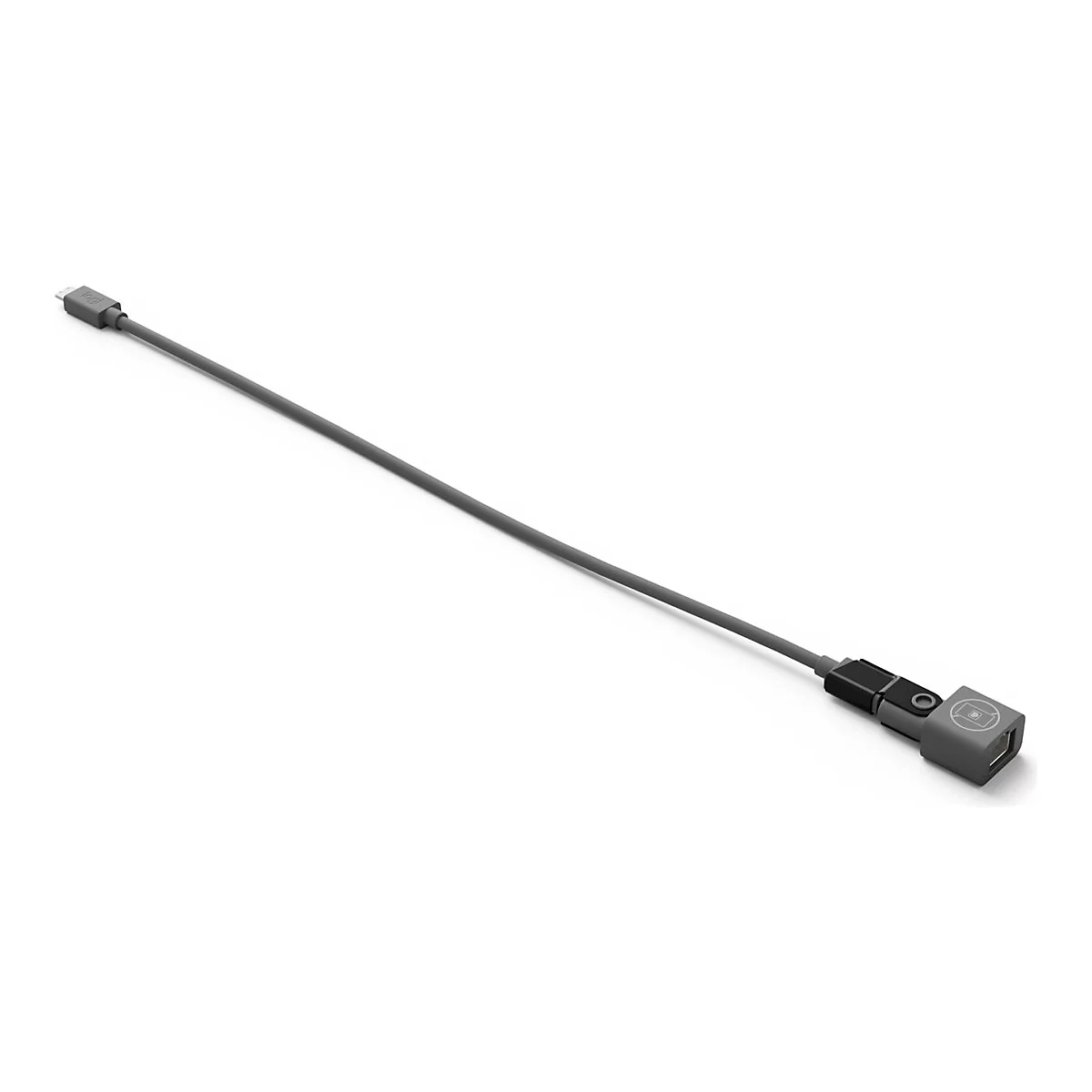 Graues Kabel mit quadratischem Ende und rundem Stecker, das diagonal vor weiÃŸem Hintergrund liegt.