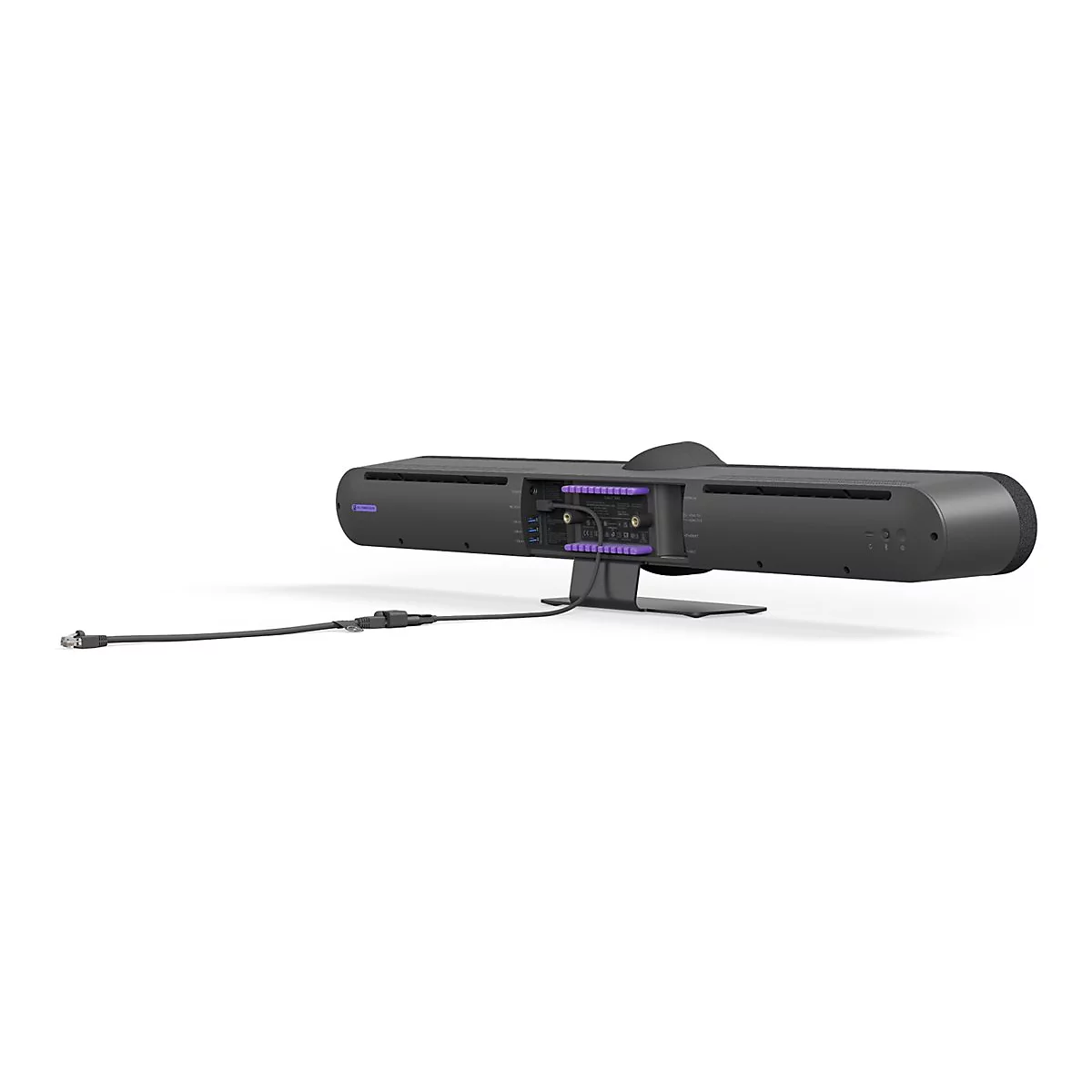 Schwarze Soundbar, Rückseite, auf Ständer. Kabel verbunden. Lila Akzente.