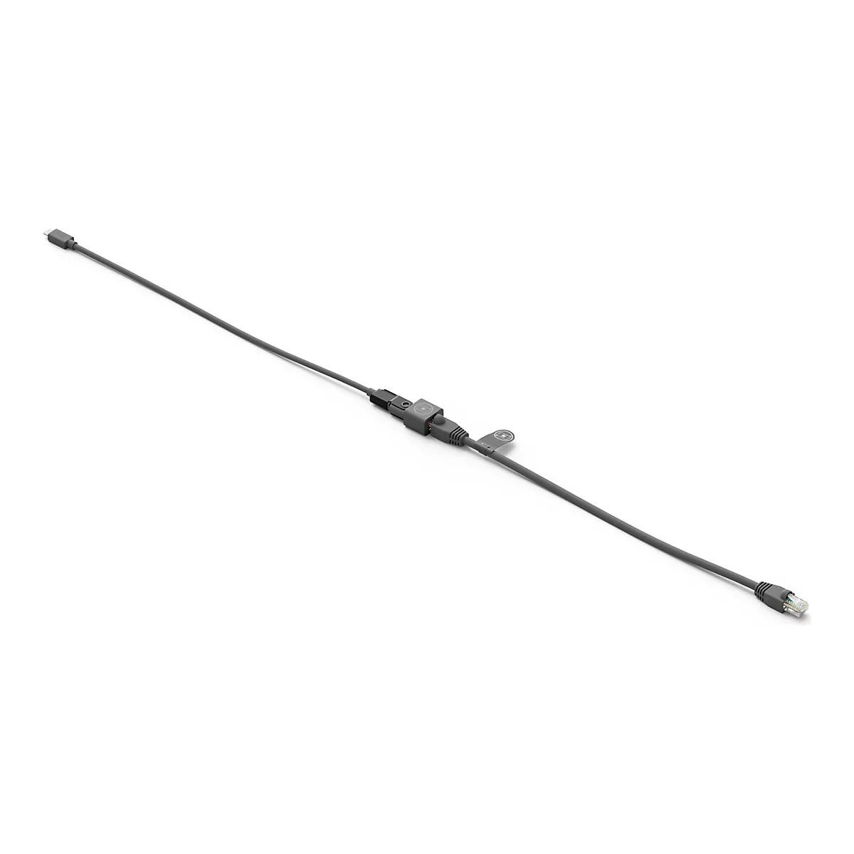 Graues Kabel mit zwei Anschlüssen und einem Verbindungsstück. Ein Ende ist ein USB-C-Stecker, das andere ein Ethernet-Stecker.