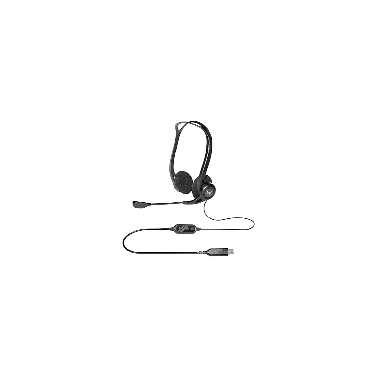 Schwarzes Headset mit Mikrofon und USB-Anschluss. Das Logitech-Logo ist zu sehen.