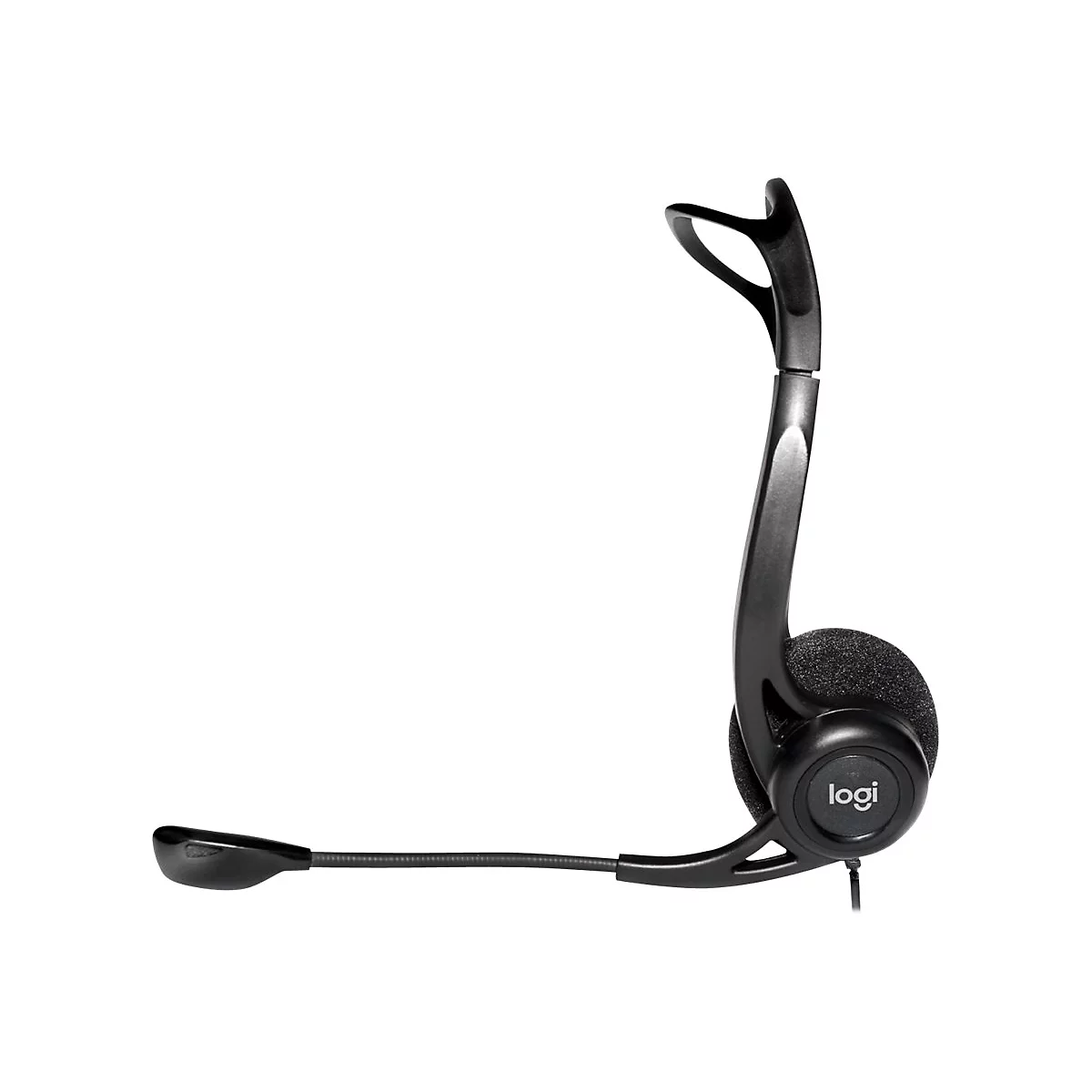 Schwarzes Logitech Headset mit Mikrofon auf weißem Hintergrund. Der Bügel verläuft über den Kopf und ein Mikrofon ist am Ohrhörer befestigt.