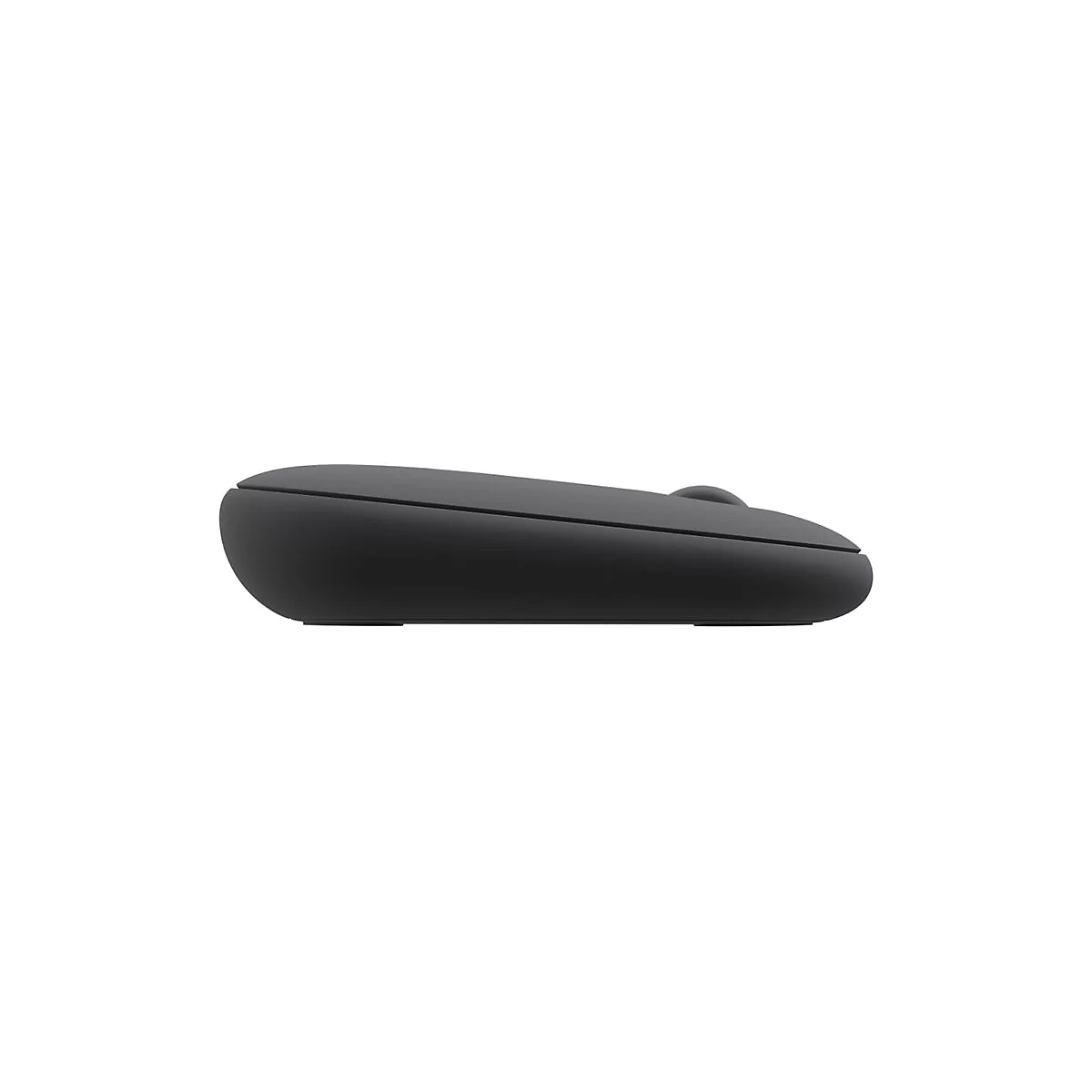 Draufsicht auf eine schwarze Maus. Die Form ist ergonomisch, mit einem Scrollrad.
