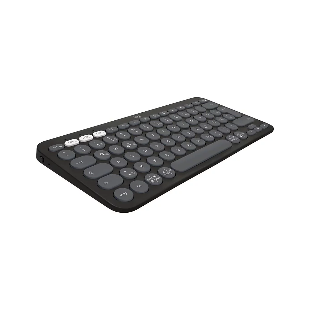 Schwarze, kabellose Tastatur mit grauen Tasten. WeiÃŸe Akzenttasten.