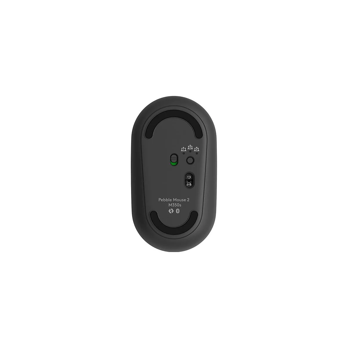 Die Unterseite einer schwarzen Maus, erkennbar als Logitech Pebble Mouse 2 M350s. Sie zeigt eine grÃ¼ne LED, zwei KnÃ¶pfe und zwei halbrunde dunkle Elemente.