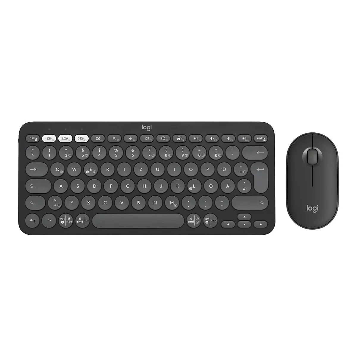 Schwarzes Logitech-Tastatur- und Maus-Set. Die Tastatur hat runde Tasten, die Maus ist oval.