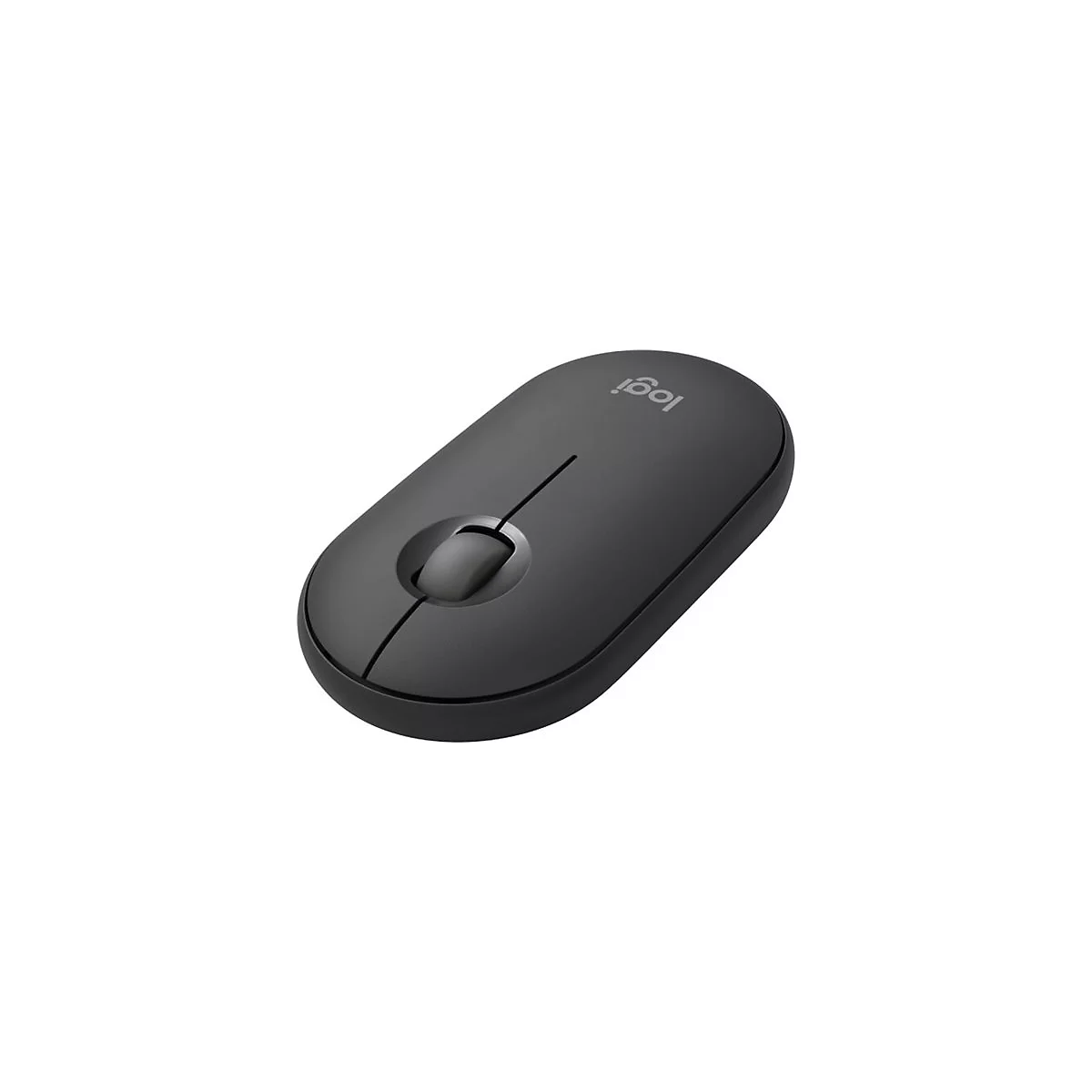 Drahtlose Maus, schwarz, mit Rollrad und Logi-Logo.