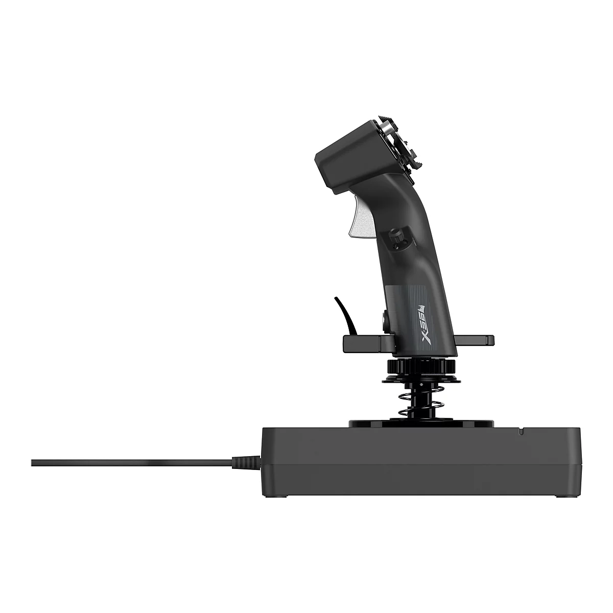 Joystick noir pour jeux vidéo. Il a une poignée, des boutons et une base avec un câble.