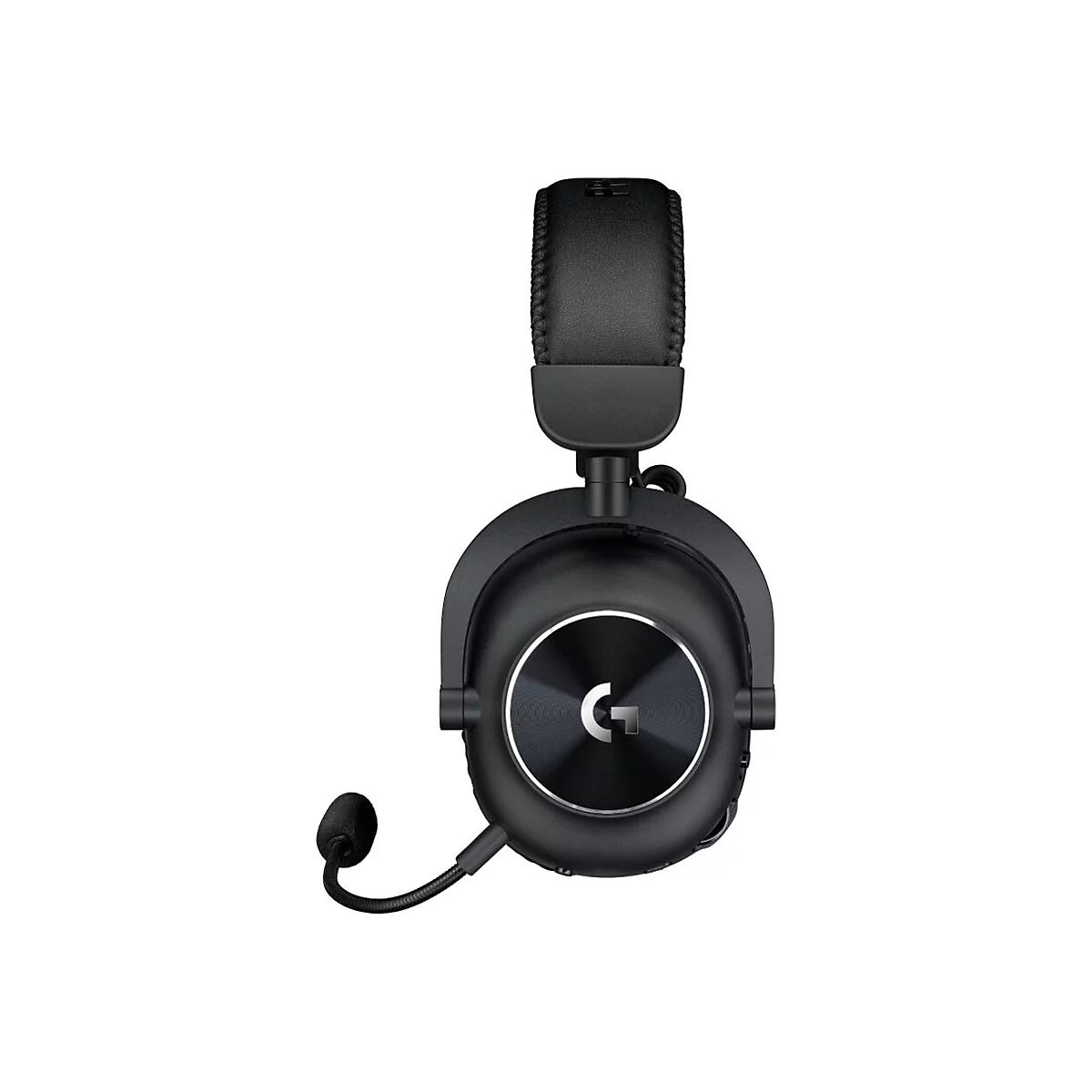 Schwarzes Gaming-Headset mit Mikrofon und „G“-Logo auf den Ohrmuscheln, vor weißem Hintergrund.