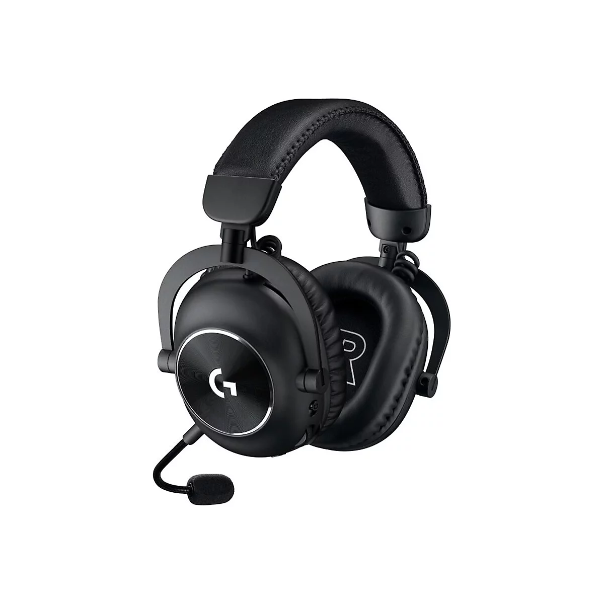Schwarzes Gaming-Headset mit Mikrofon, Detailaufnahme, auf weißem Hintergrund.