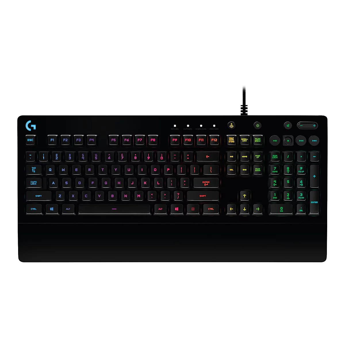 Schwarze Gaming-Tastatur mit roten und grünen Tasten, Kabelanschluss und Markenlogo.