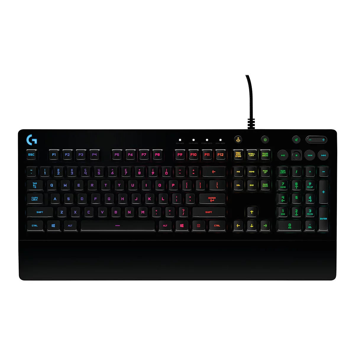 Schwarze mechanische Tastatur mit RGB-Beleuchtung. Tastenbeschriftung ist weiß, Funktionstasten rot, Ziffernblock grün.