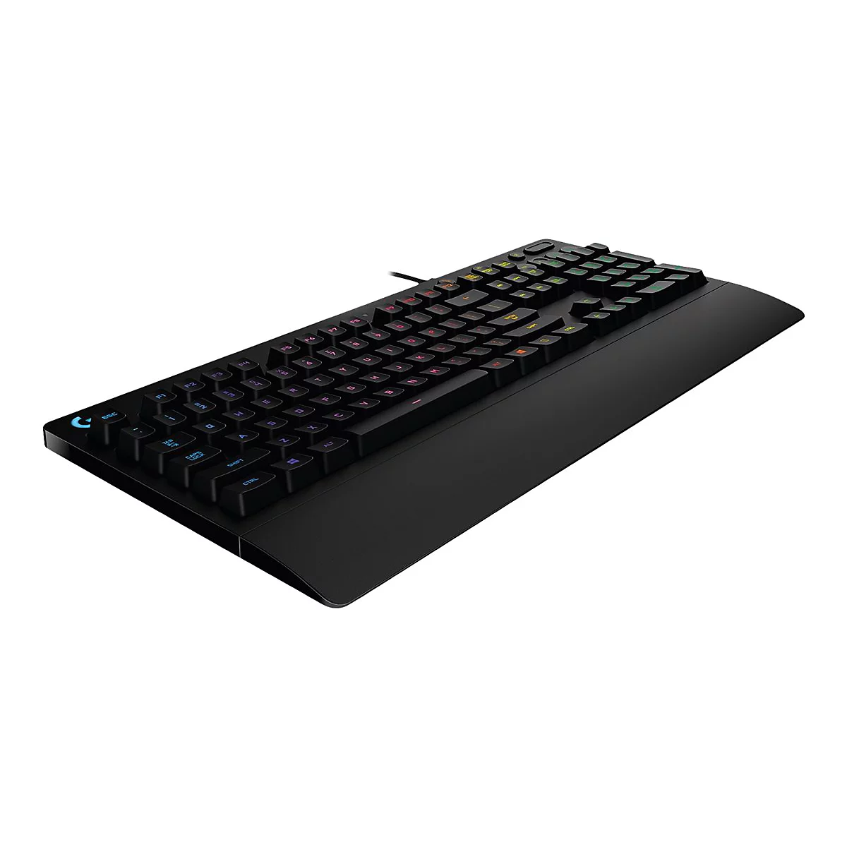 Schwarze Gaming-Tastatur mit integrierter Handballenauflage und dezent beleuchteten Tasten vor weißem Hintergrund.